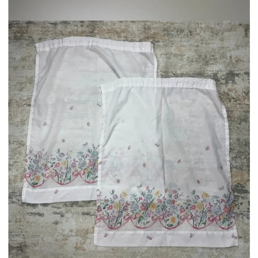 Vintage 4-Pc Cottagecore Cafe Curtains Valance Floral Butterflies USA